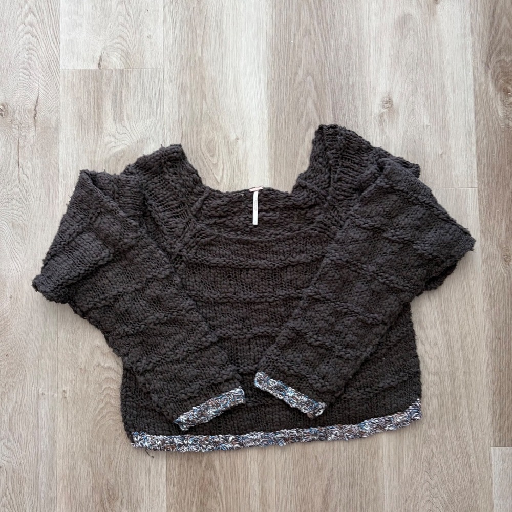 Free People Chunky Knit Sweater Brown Scoop Neck Marled Trim Pullover Large